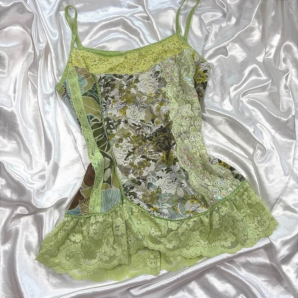 y2k Cami Top Lime Green Excellent Patchwork Floral Lace Sequin Mesh Camisole